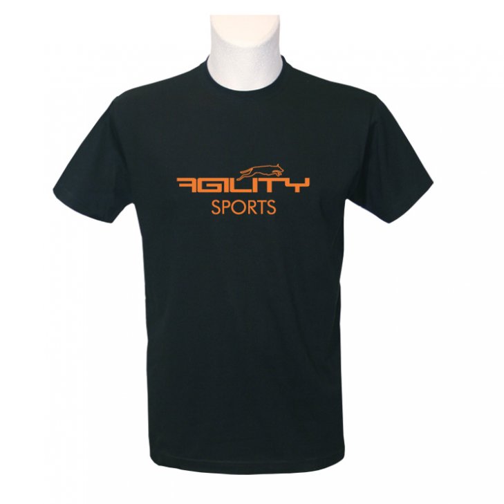Men T-Shirt in black with lettering and jumping dog in orange