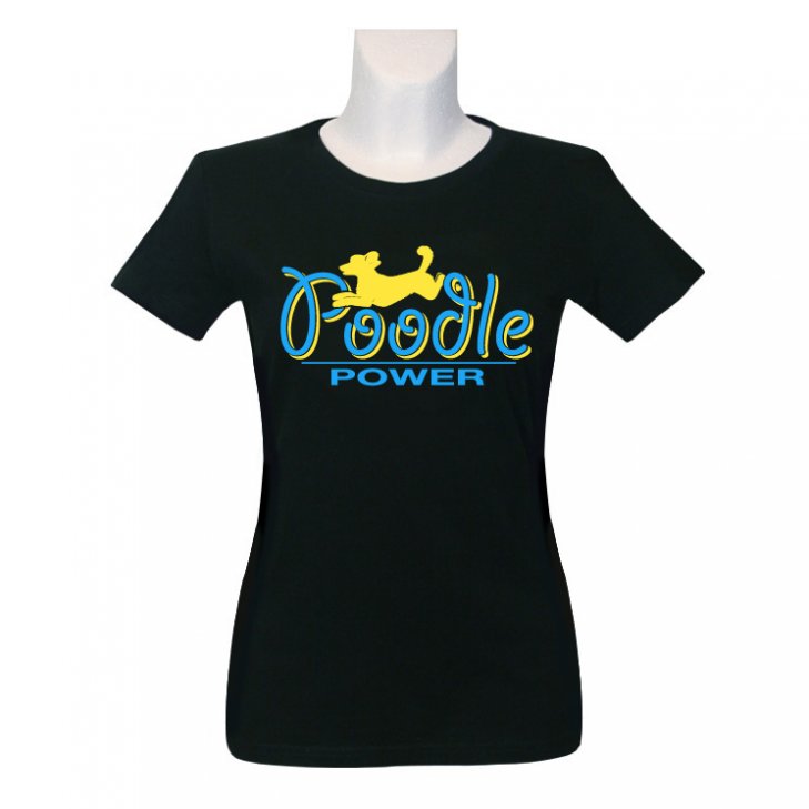 Women T-Shirt in black with a Poodle-Power-print in blue/yellow