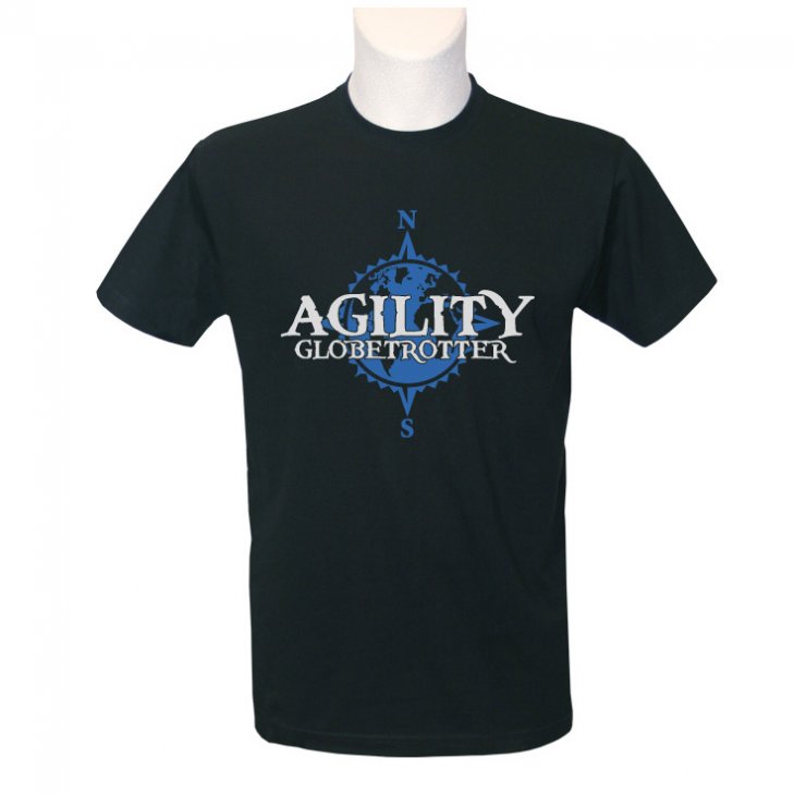 Men T-shirt in black with writing and world mapin white and blue