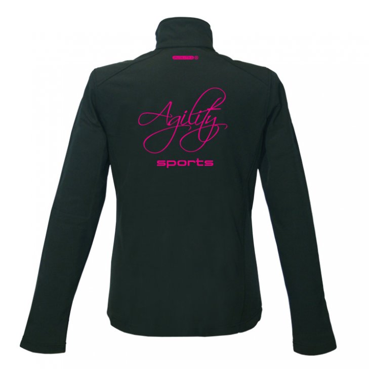 Women Softshell Jacket in black with back print in pink