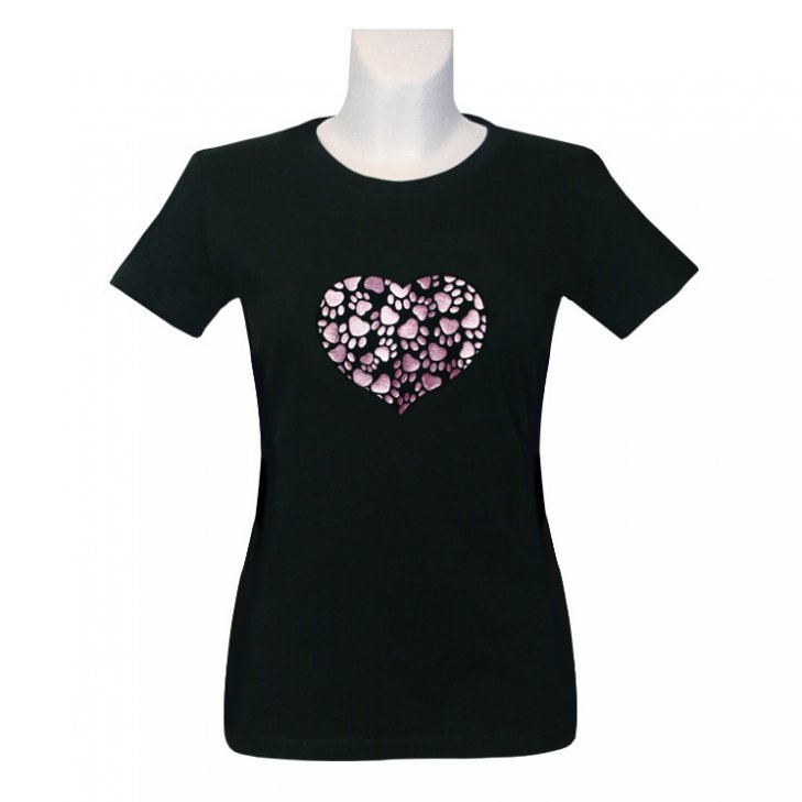 Women T-Shirt in black witz Paw Heart in pink-glitter