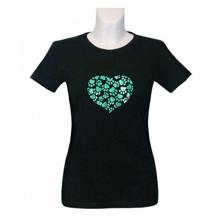 Women T-Shirt in black witz Paw Heart in green-glitter