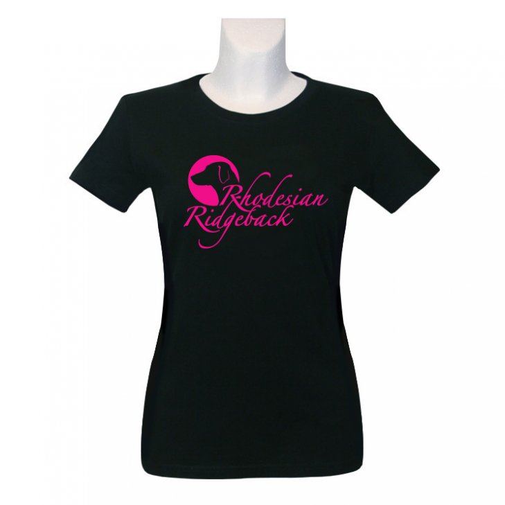 Women T-Shirt in black with a Rhodesian Ridgeback print in pink