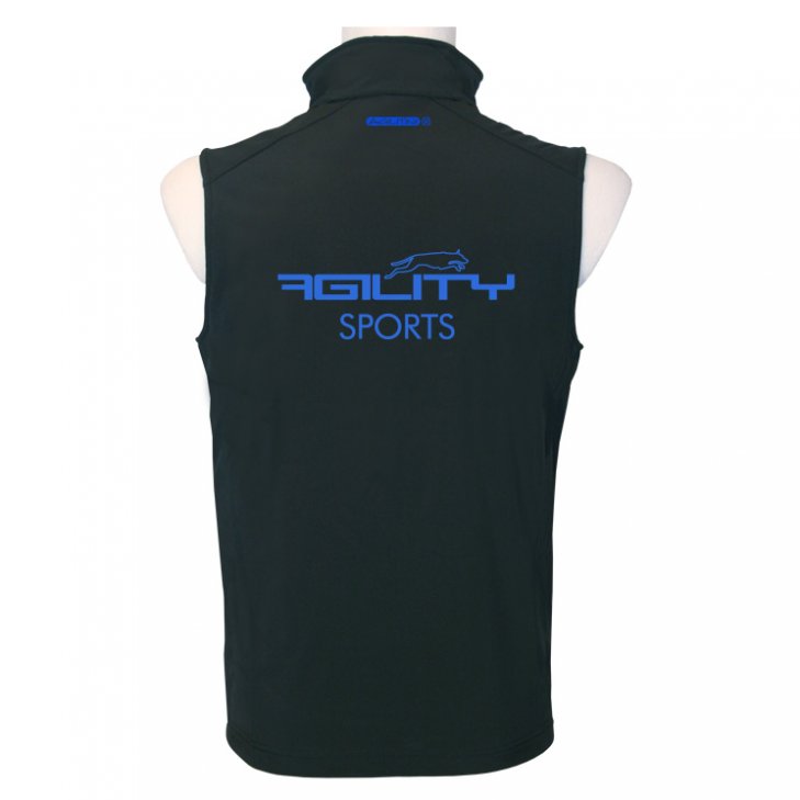 Men Softshell Vest in black with back print in blue