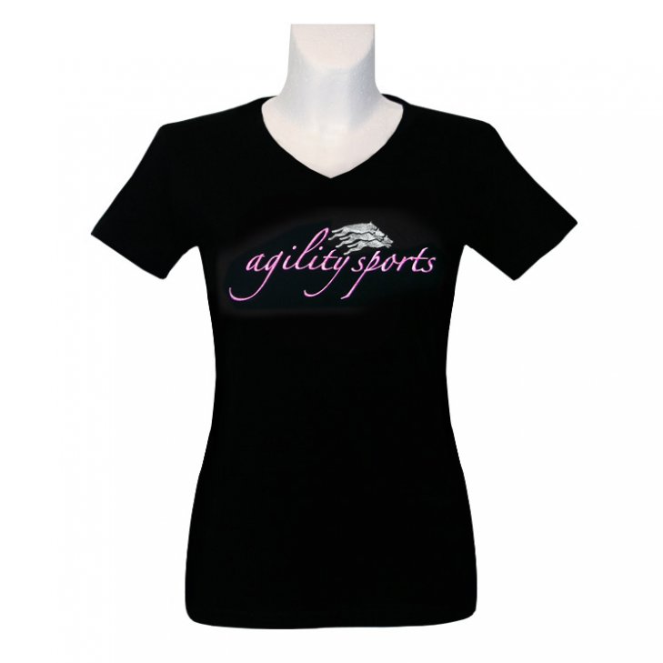 Women V-Shirt in black with a lettering in pink-glitter and dogs in silver-glitter