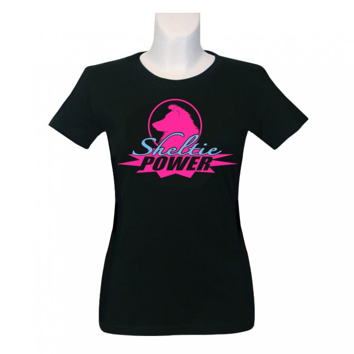 Women T-Shirt in black with a Sheltie-Power-print in blue/pink