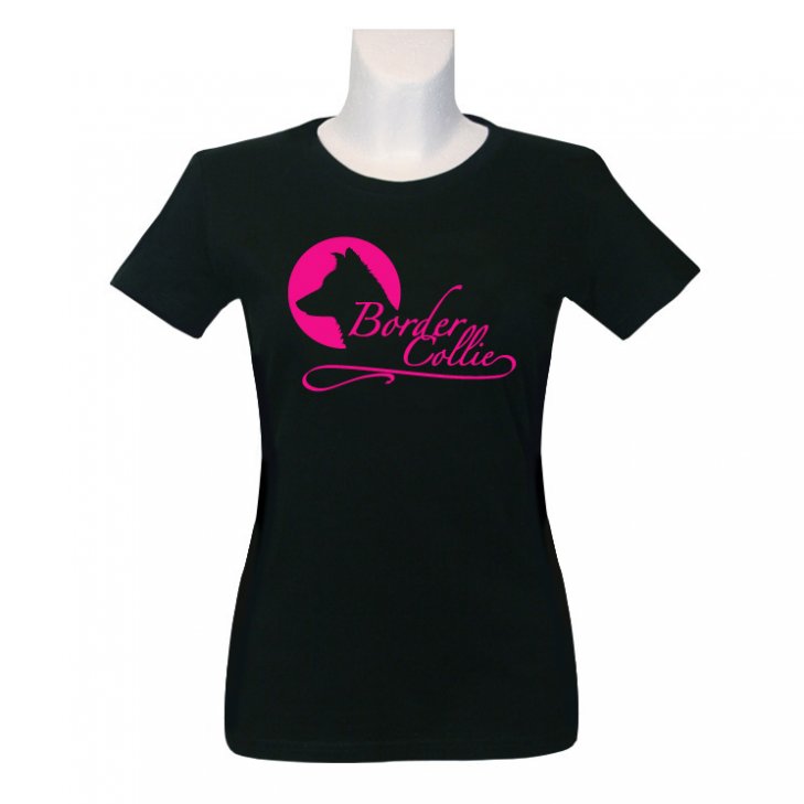 Women T-Shirt in black with a Border Collie print in pink