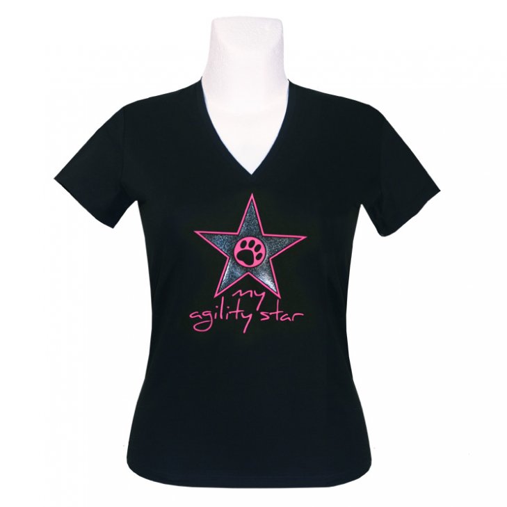 Women-V-T-Shirt in black with a star in pink